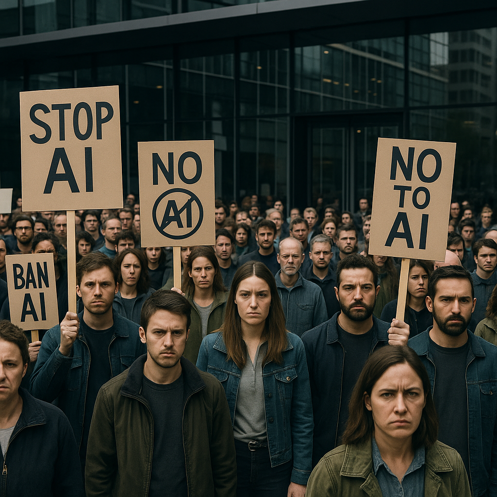 Protesters gathered in front of a large tech company building with placards