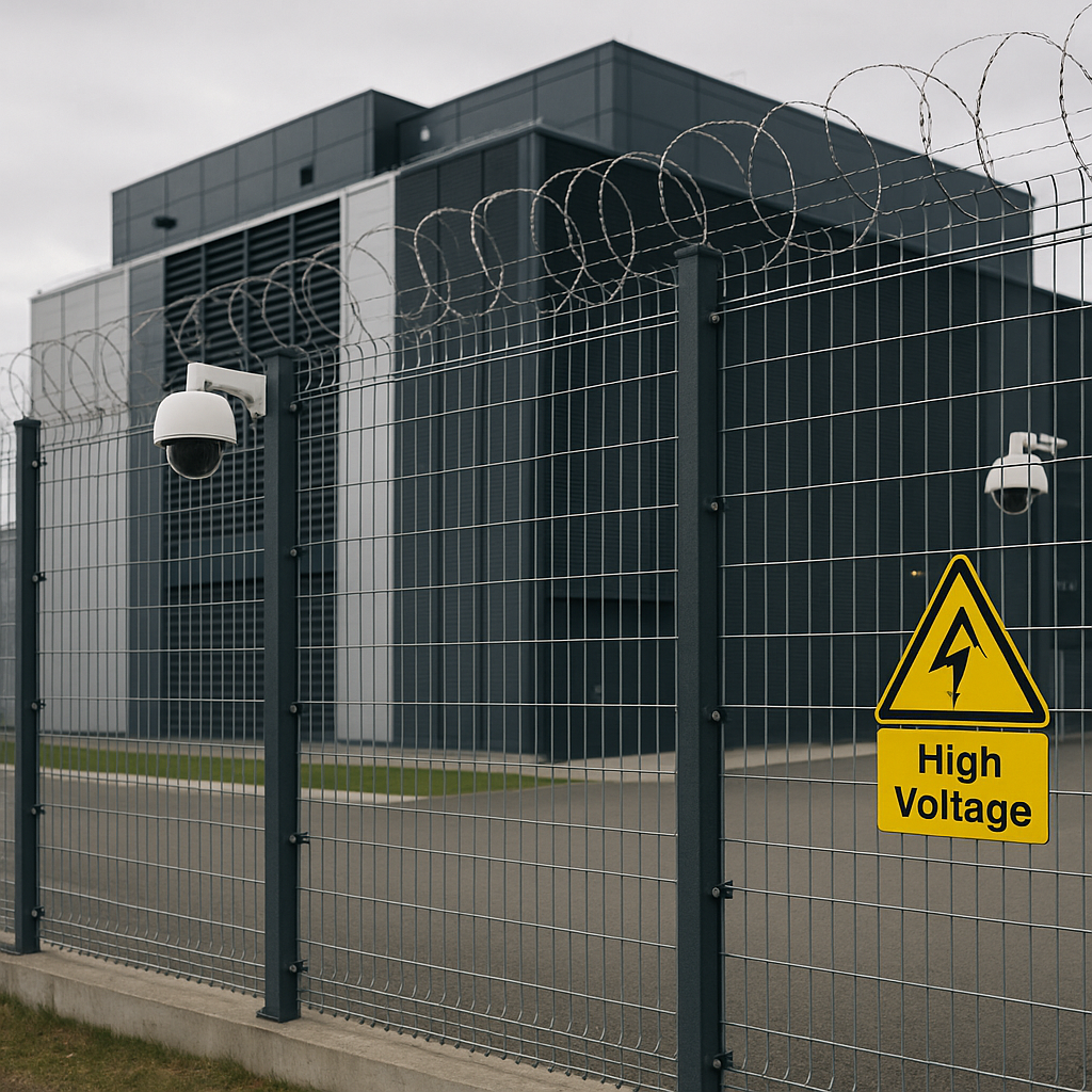 A cloud server facility with reinforced security fences and cameras