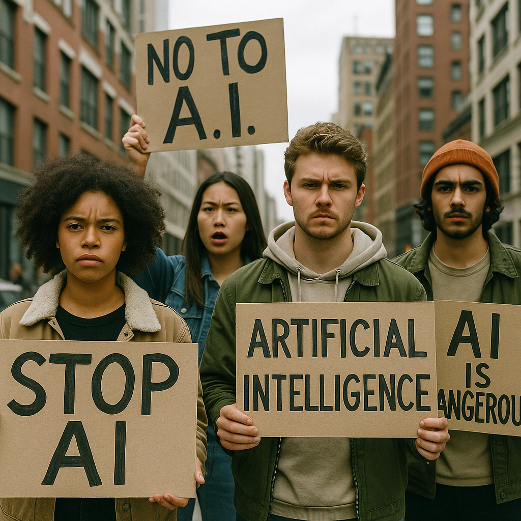 A growing protest movement featuring younger participants holding AI-critical banners