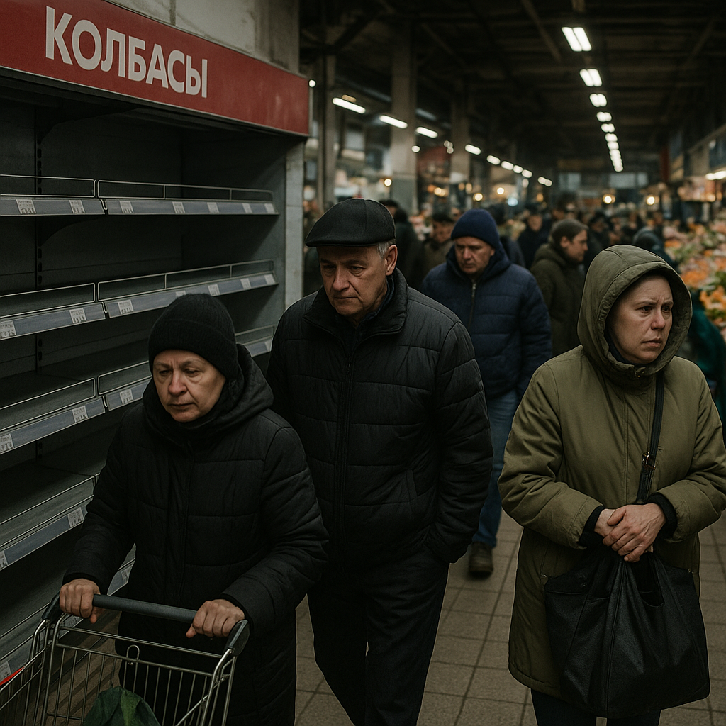 A crowd walking through a drab urban market with empty shelves and somber expressions