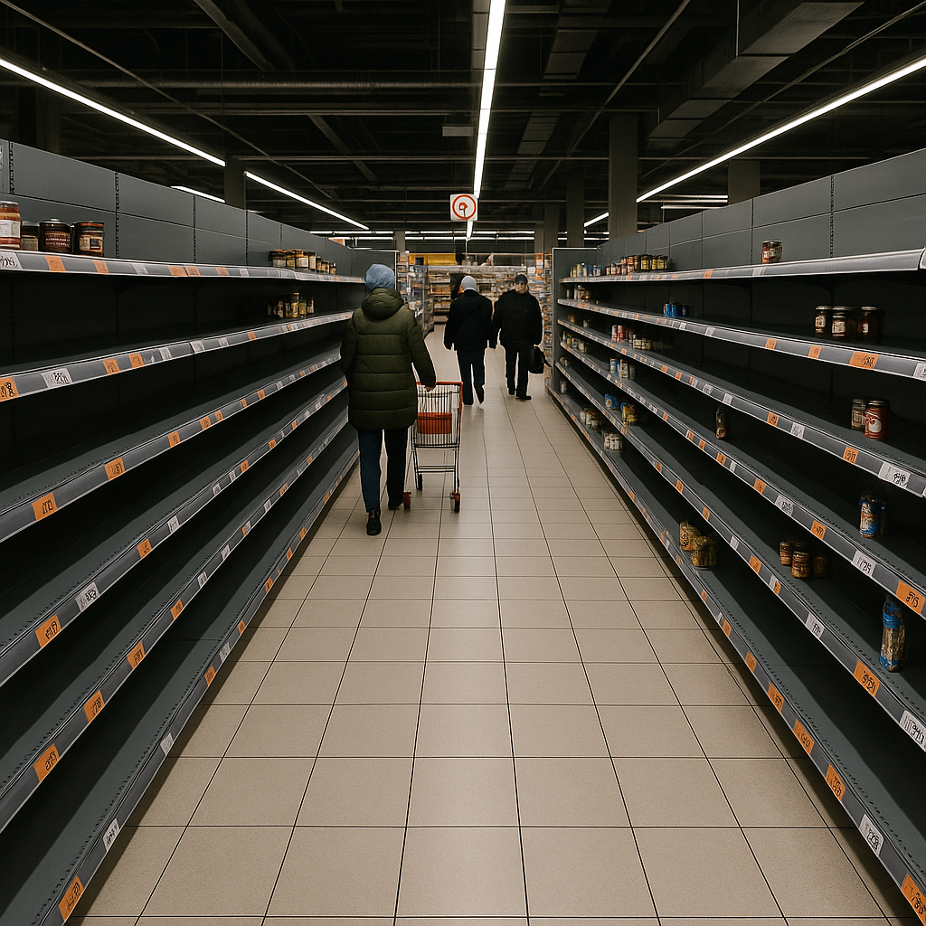 A visibly empty grocery store aisle in Russia, with sparse products and increased price tags