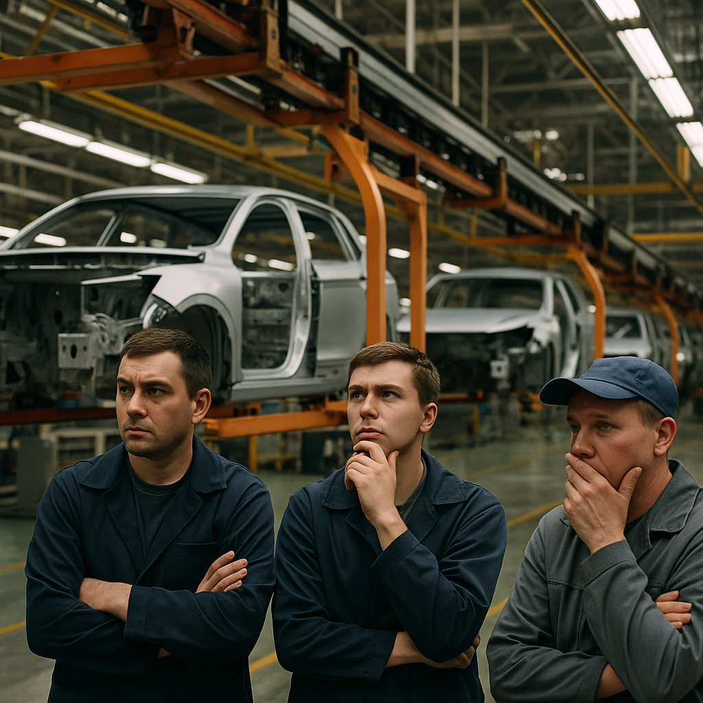 A factory assembly line in Russia, with visible signs of resource shortages such as halting production or empty machinery space