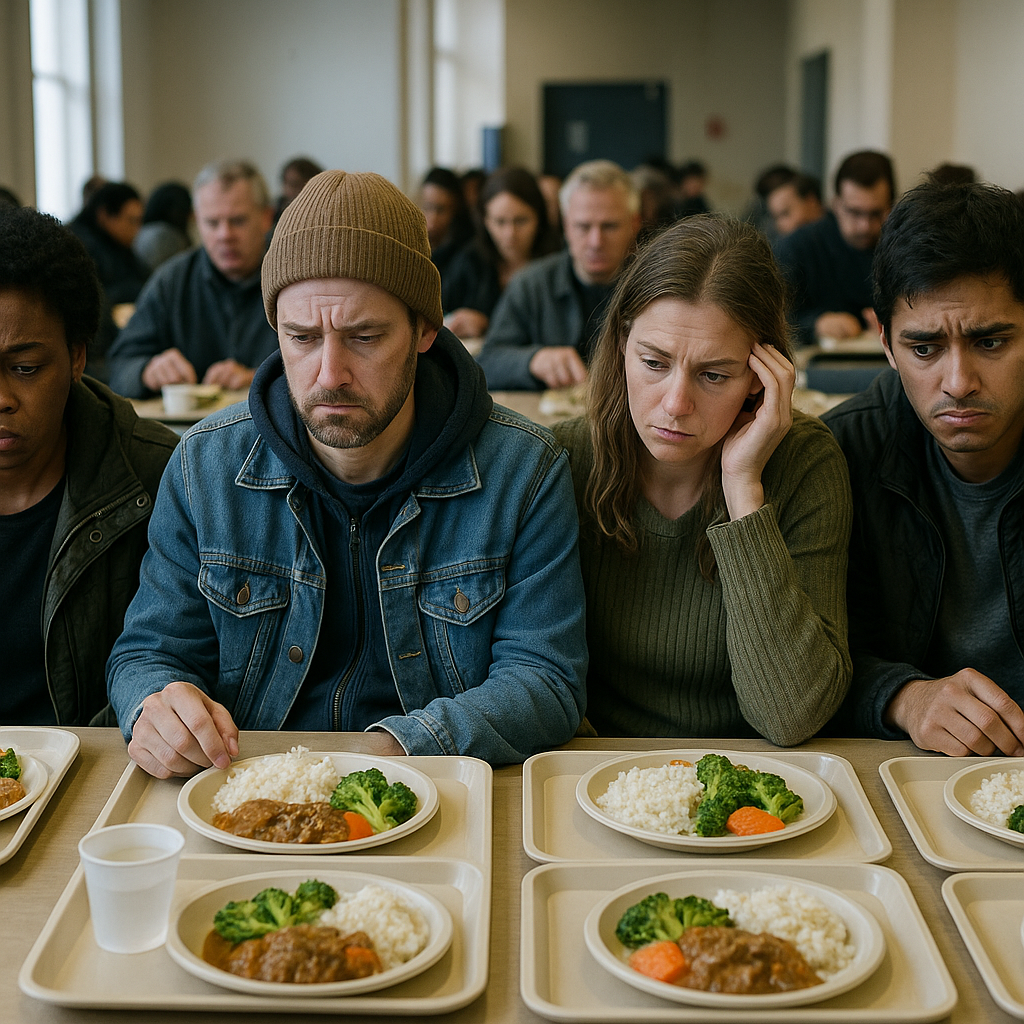 A communal dining hall with residents reacting hesitantly to plates of food on tables