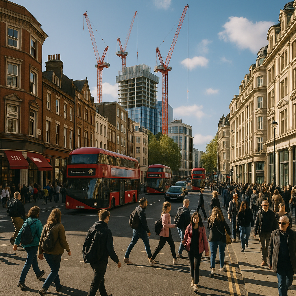 A bustling city block contrasting narratives of 'decay' with vibrant life captured in London visuals