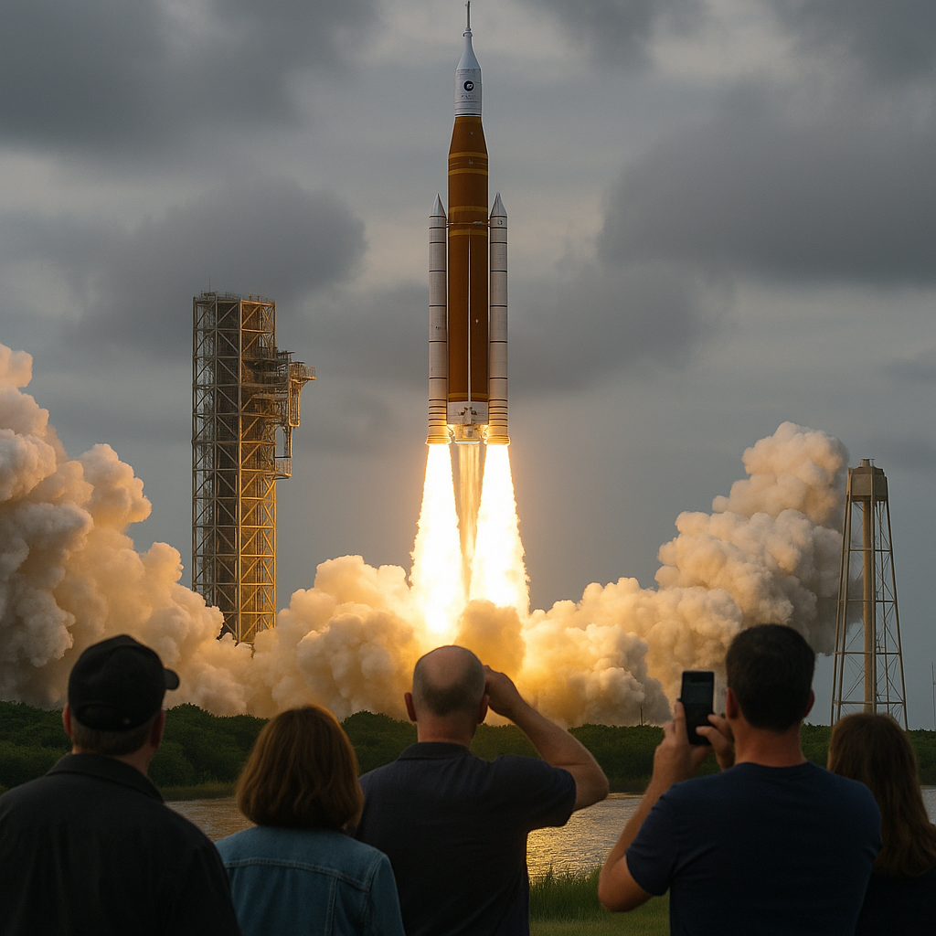 A rocket launching from NASA's Kennedy Space Center, with onlookers in the foreground