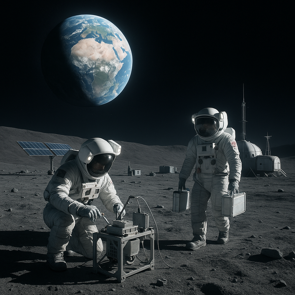 Artistic rendering of a futuristic lunar base on the Moon's surface, with astronauts working nearby