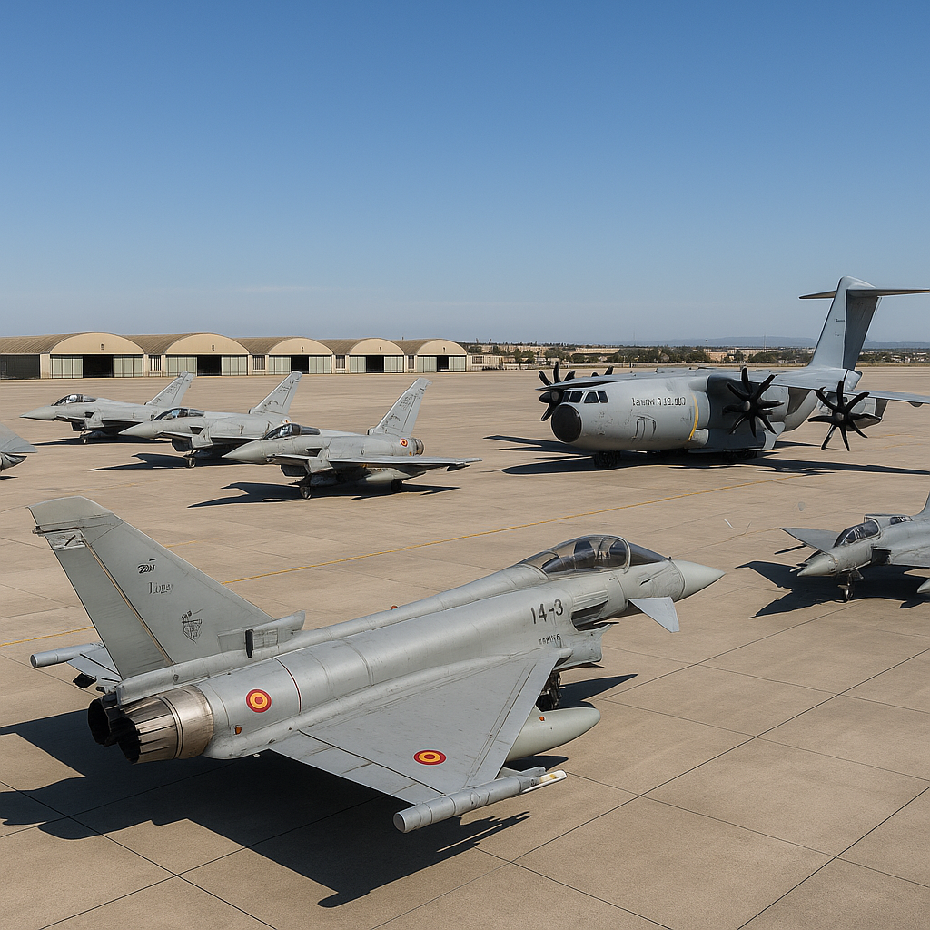 A Spanish military base with aircraft on the tarmac
