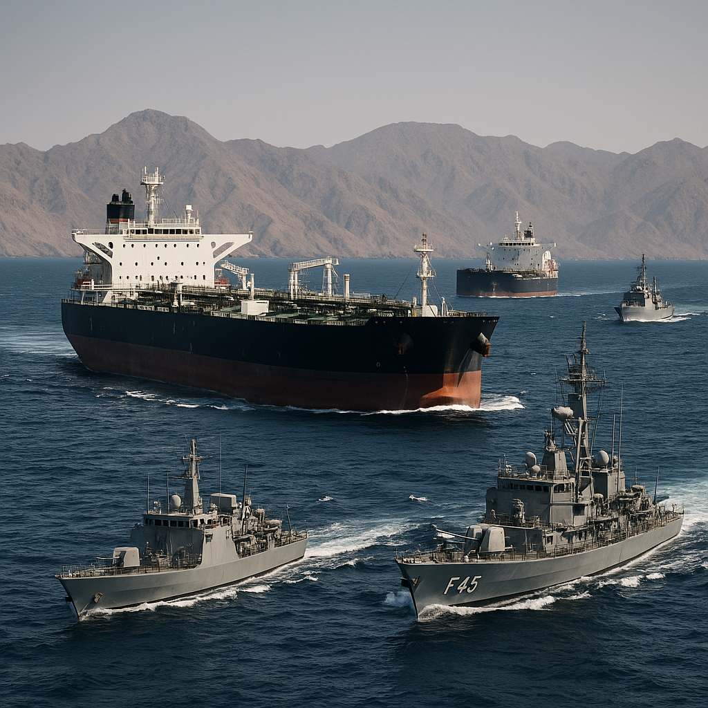 Oil tankers in the Strait of Hormuz with naval military escorts