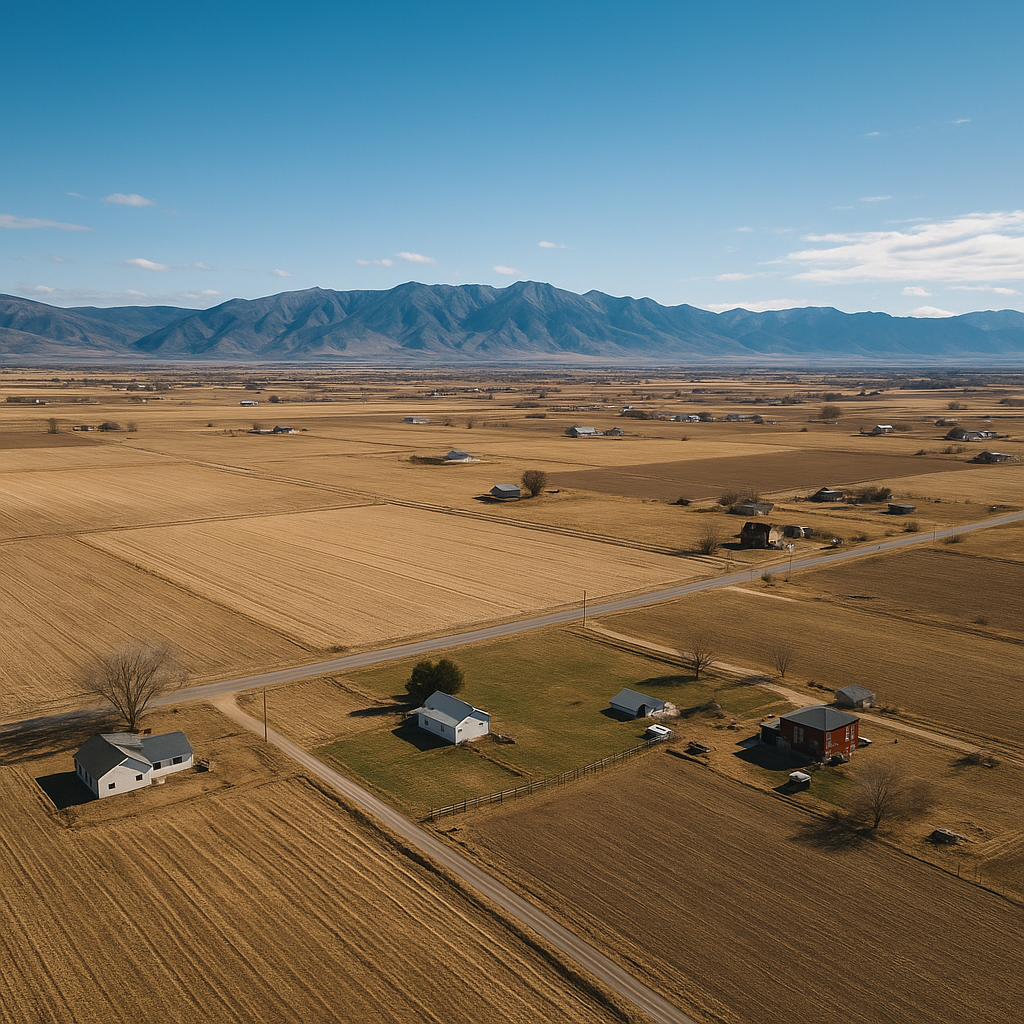 An aerial view showing a rural area in Box Elder County, Utah