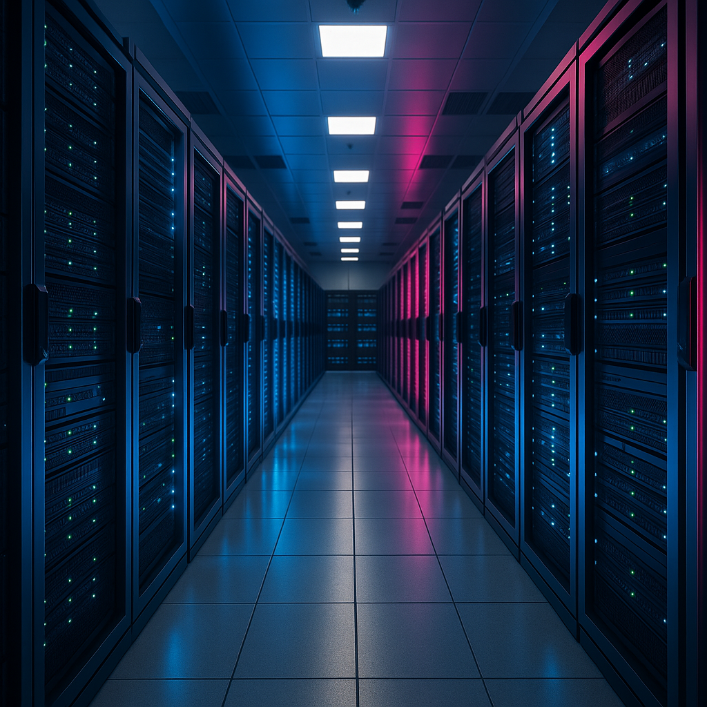 Rows of servers inside a high-tech data center, with bright neon lighting