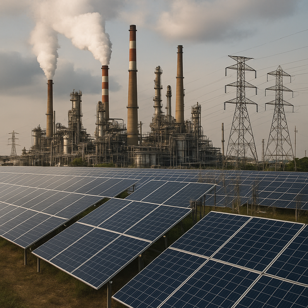 Solar panels juxtaposed against industrial energy infrastructure, symbolizing debates around renewable energy