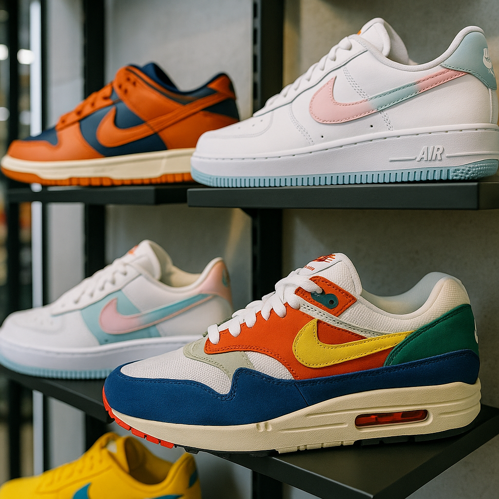 A close-up of Nike sneakers in a retail store display