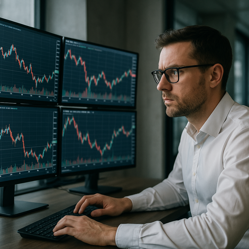 A trader analyzing stock charts on multiple monitors