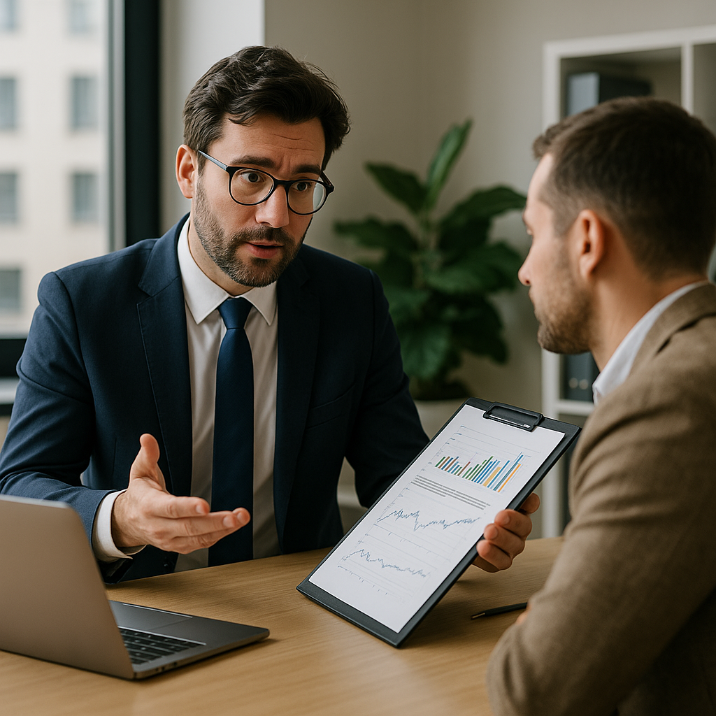 A financial advisor discussing market conditions with a client in an office setting
