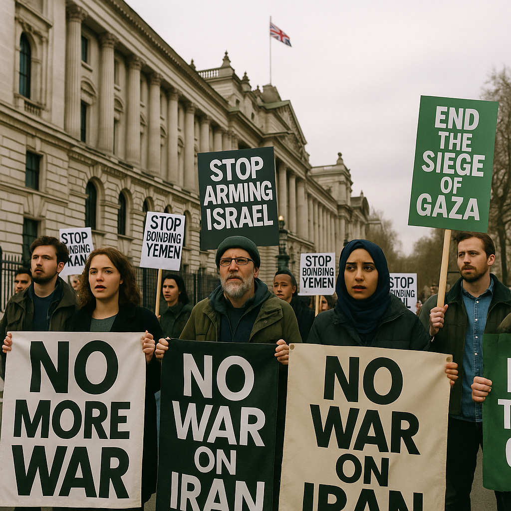 Protest outside UK government building regarding foreign policy