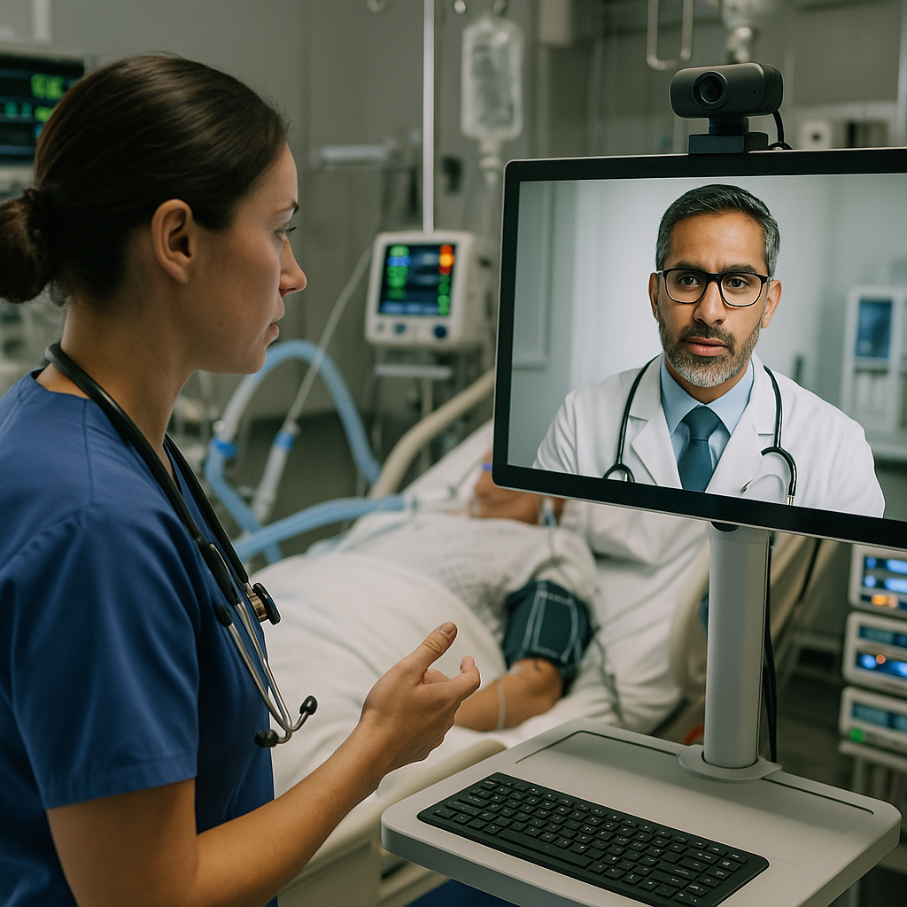 A telehealth setup showing a doctor on a video screen communicating with a nurse in a hospital room