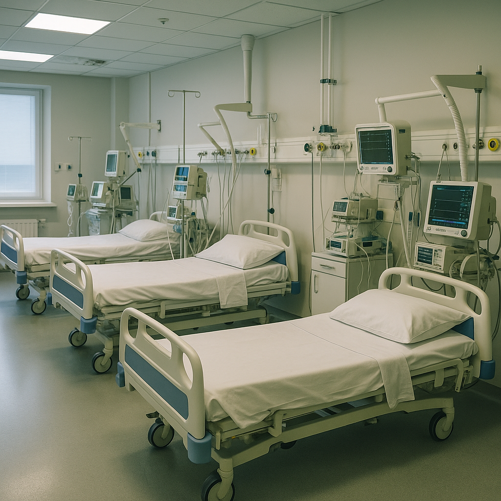 A hospital ICU room with empty beds and medical equipment ready for patient monitoring