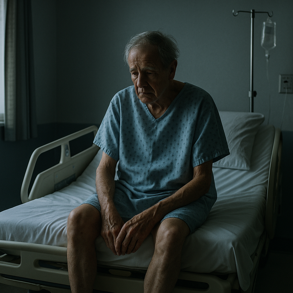A vulnerable elderly person sitting alone on a hospital bed