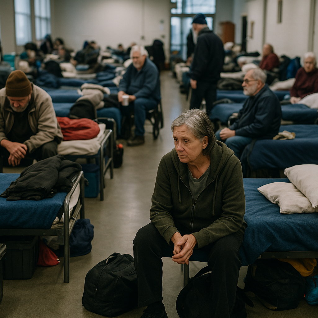 A homeless shelter populated with elderly individuals, showing beds and personal belongings