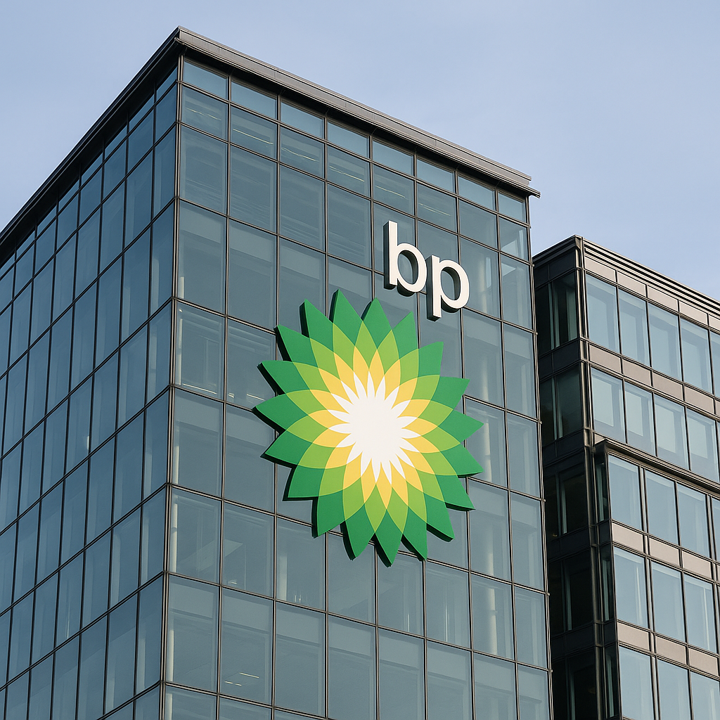 An exterior shot of BP headquarters with prominent branding
