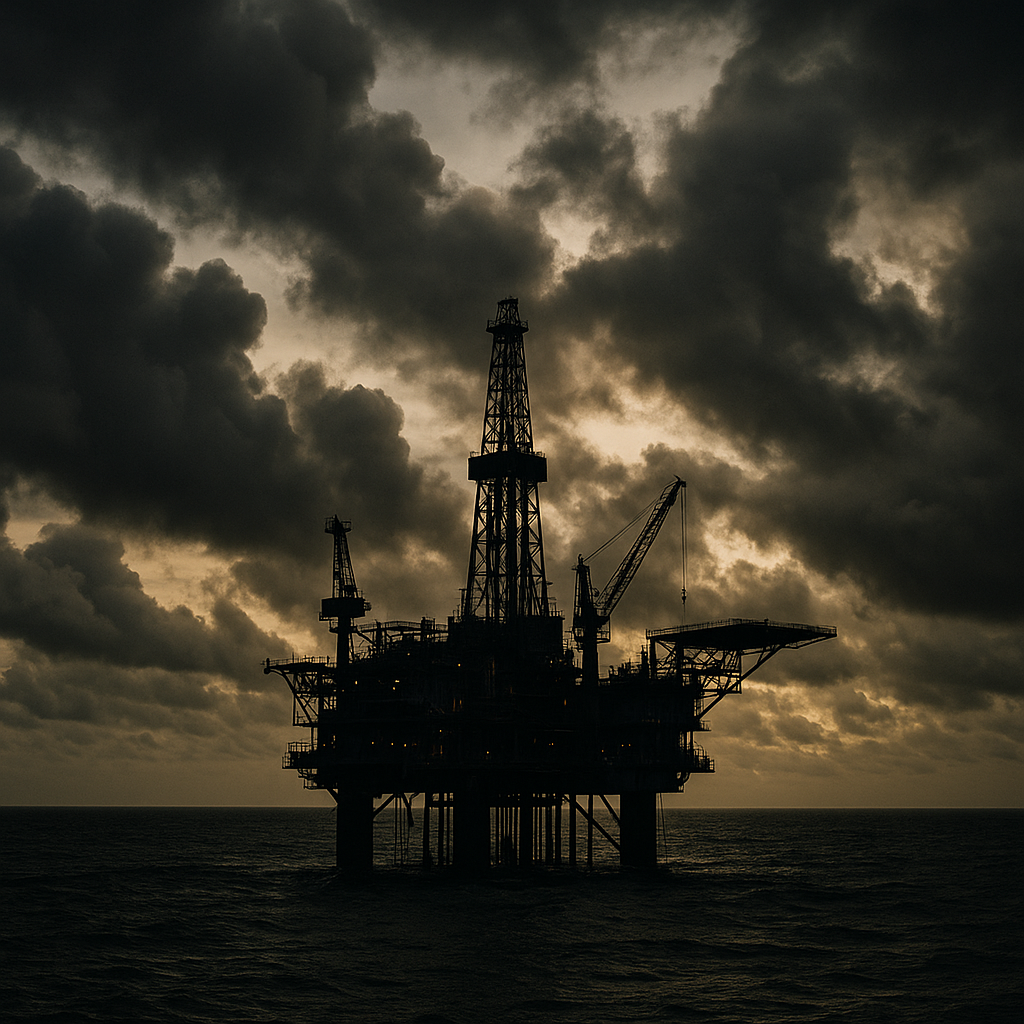 Offshore oil rigs under dramatic skies representing uncertainty