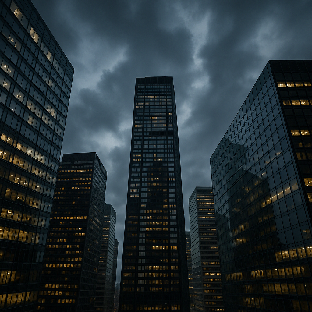Corporate skyscrapers against a cloudy evening sky, symbolizing high-stakes decision-making