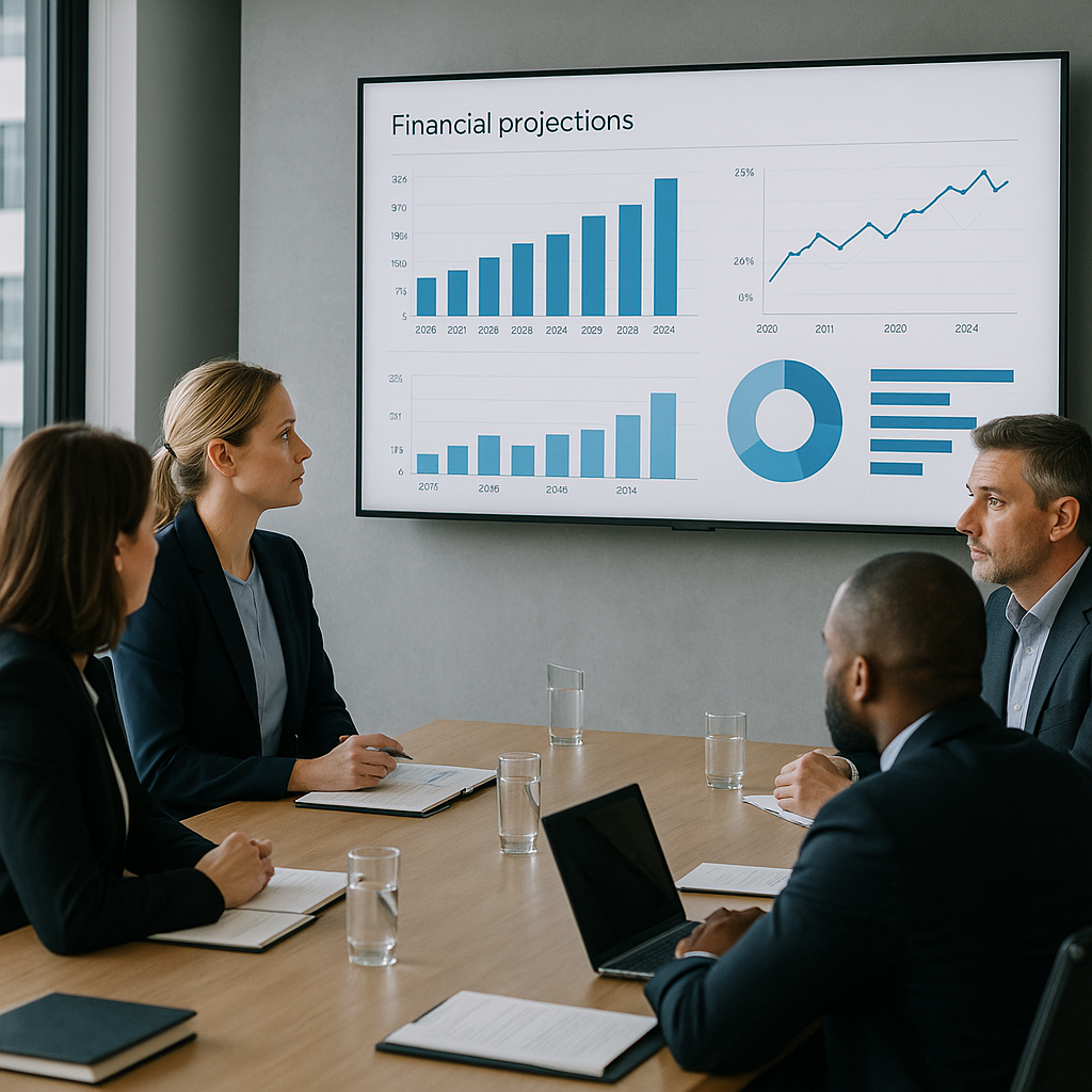 A boardroom filled with executives looking at financial projections on a screen