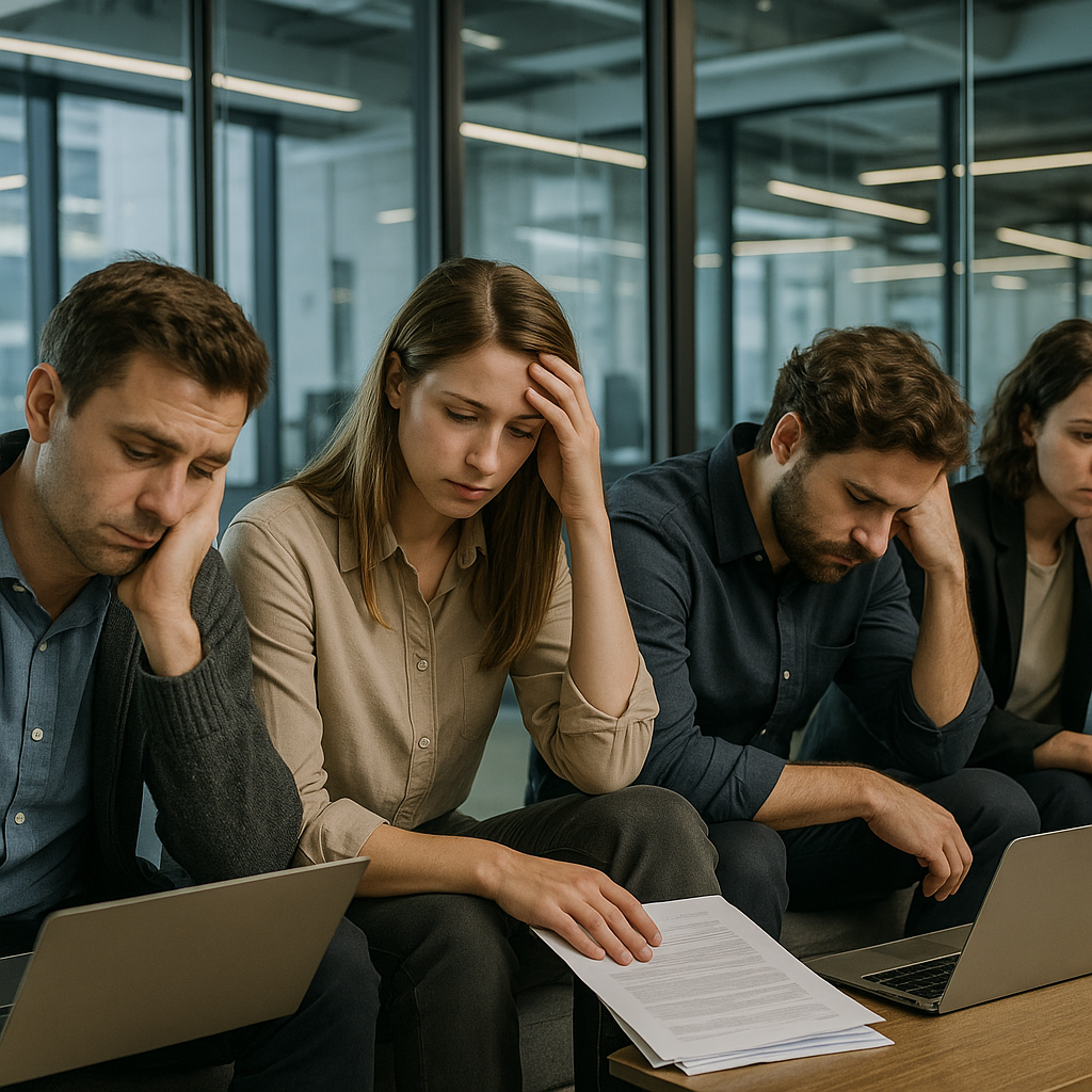 Technical employees in a modern office looking despondent