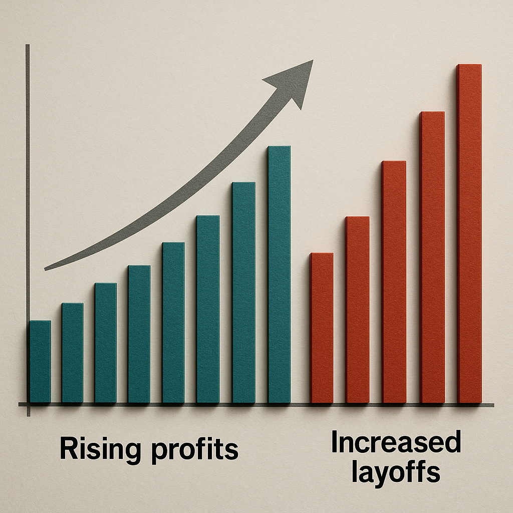 Bar graph showing rising layoffs alongside increased profits in the tech sector