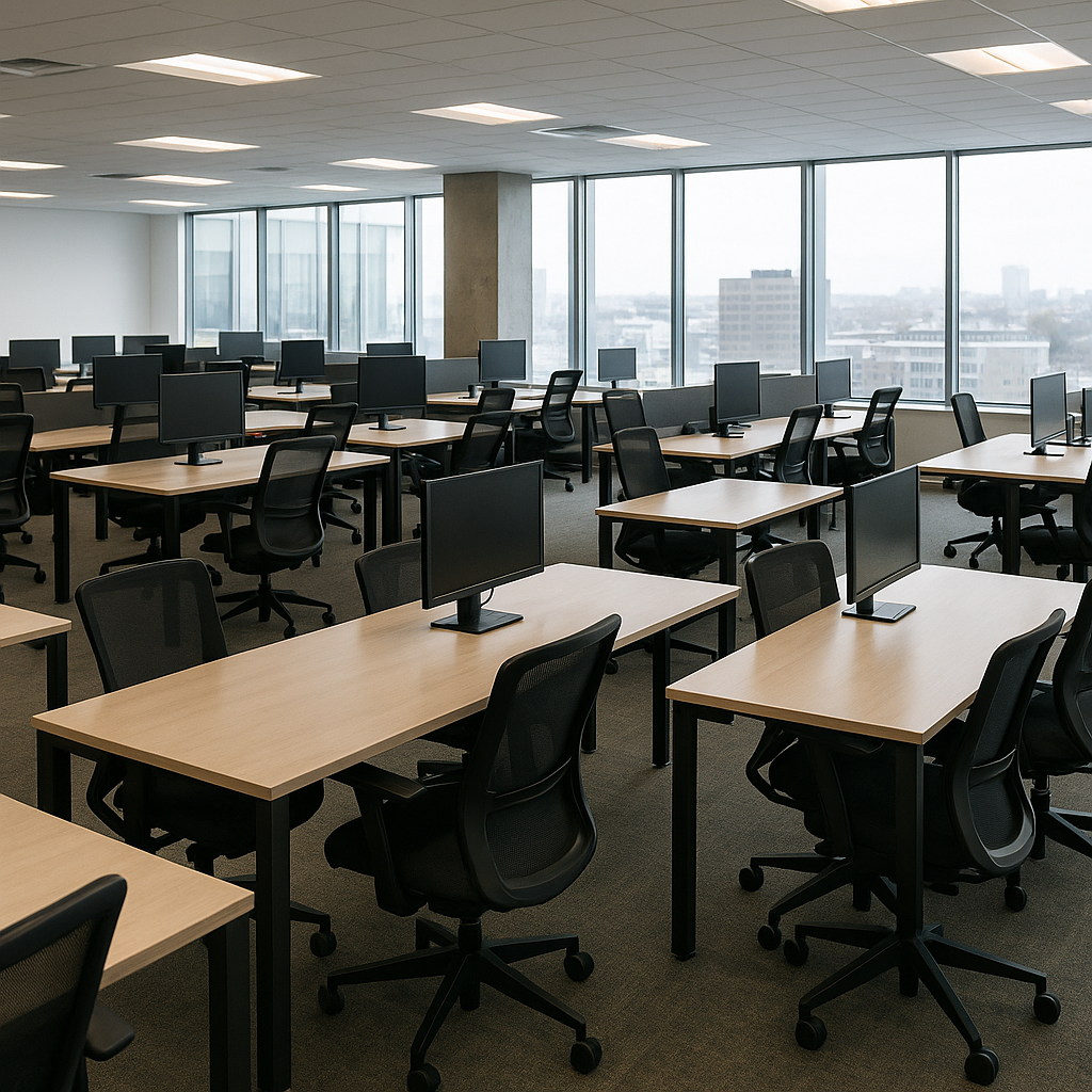 Empty office chairs in a modern tech workspace