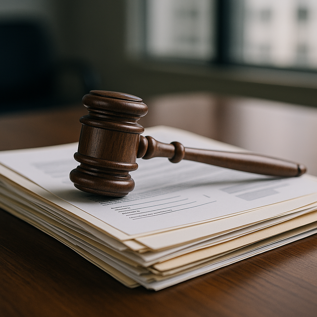 A courtroom gavel with legal documents representing a corporate settlement