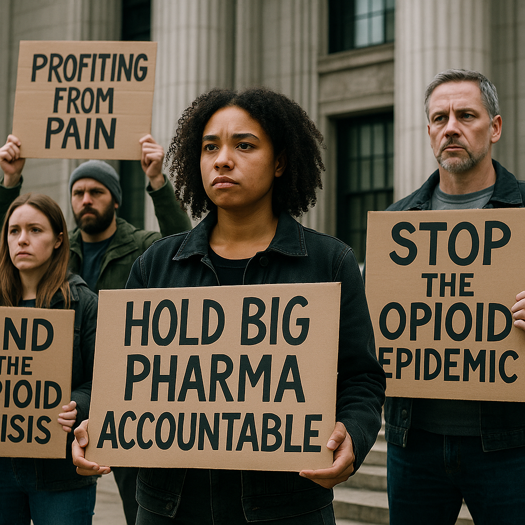 Protesters holding signs blaming pharmaceutical companies for the opioid crisis