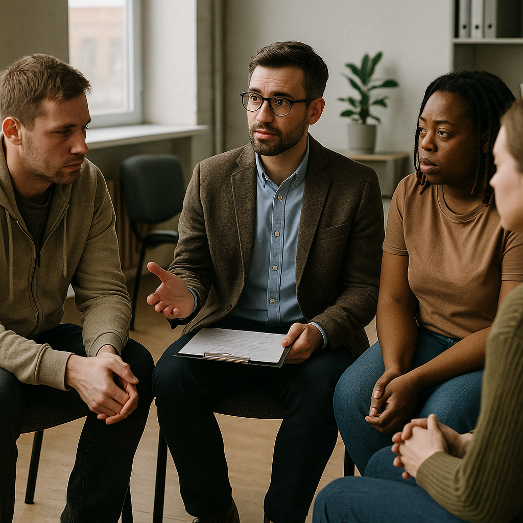 A counseling session with individuals affected by addiction in a community center setting