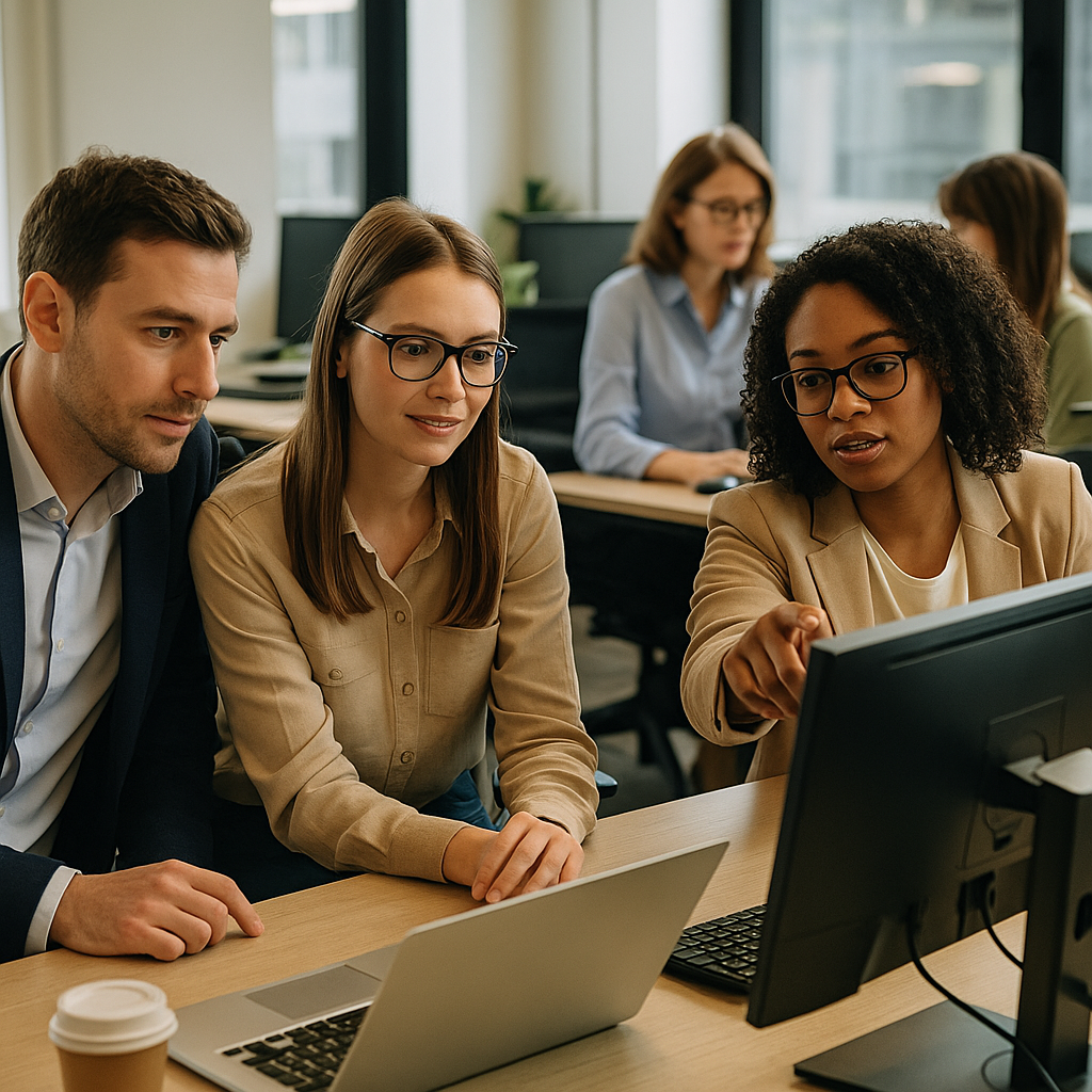 Workers seated at desks inside a modern tech office, discussing software projects