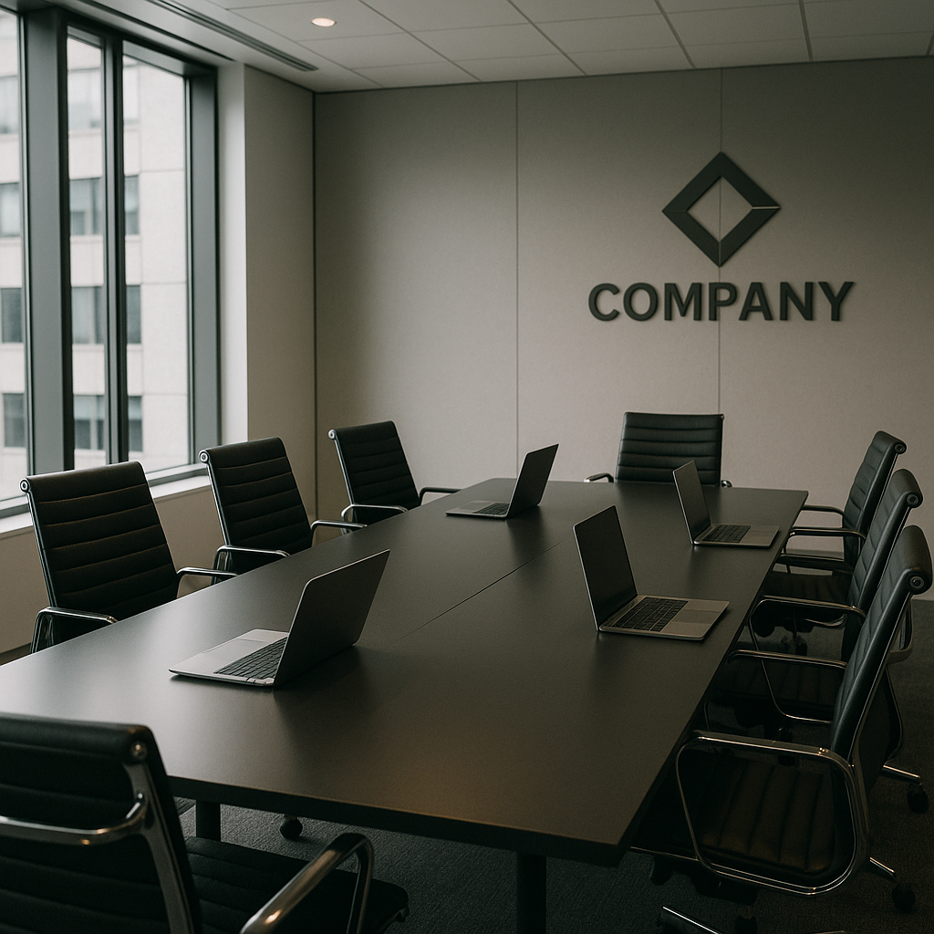 An empty boardroom table with company branding visible and open laptops left behind