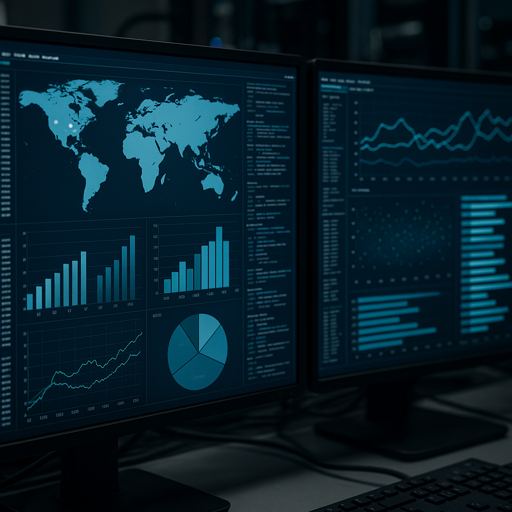 A close-up of computer screens displaying intricate data visualizations and analysis tools