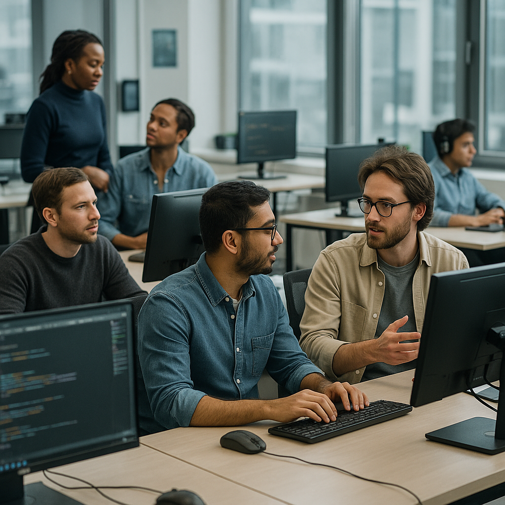 A modern tech office setting with software engineers at work