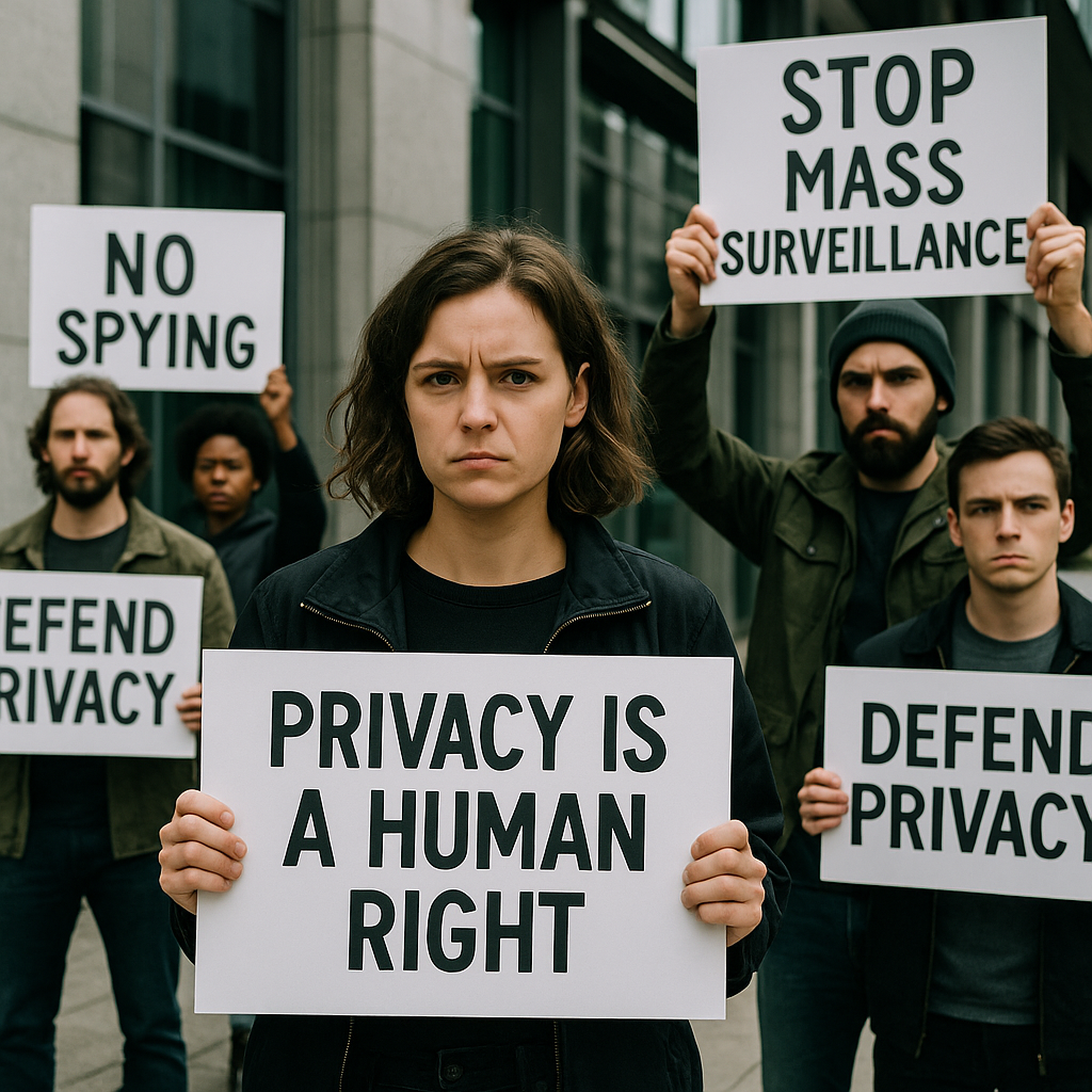 A protest outside a tech company headquarters, with signs about privacy and surveillance