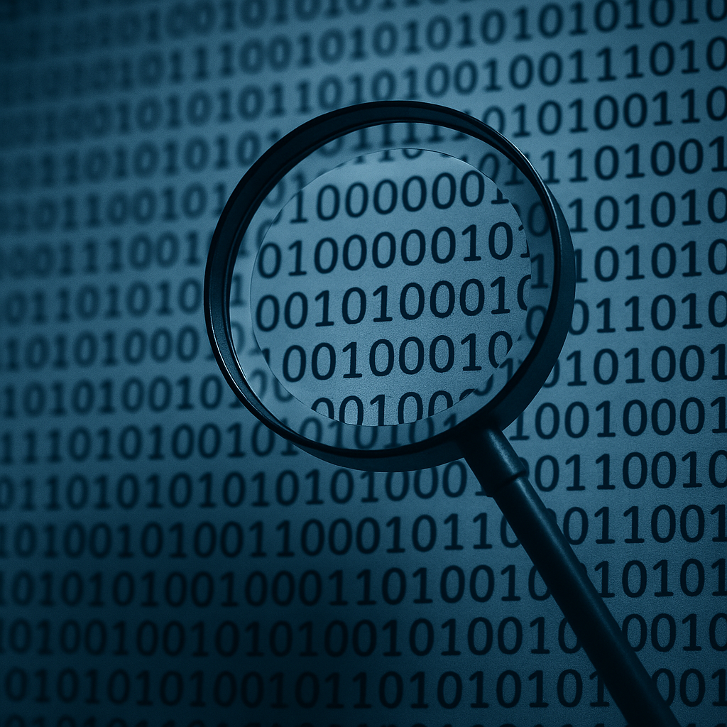 A symbolic representation of surveillance technology, such as a magnifying glass over binary code