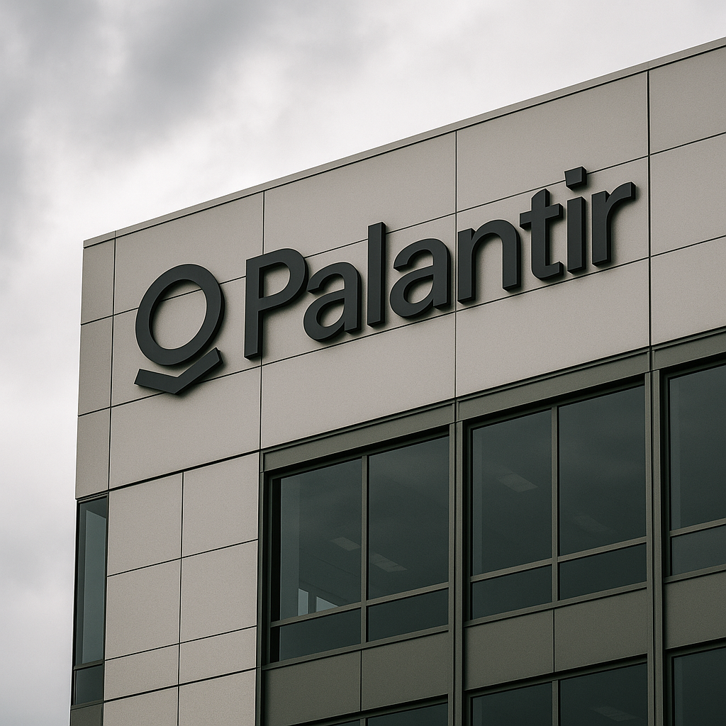 A close-up of a Palantir building with the company's logo prominently displayed