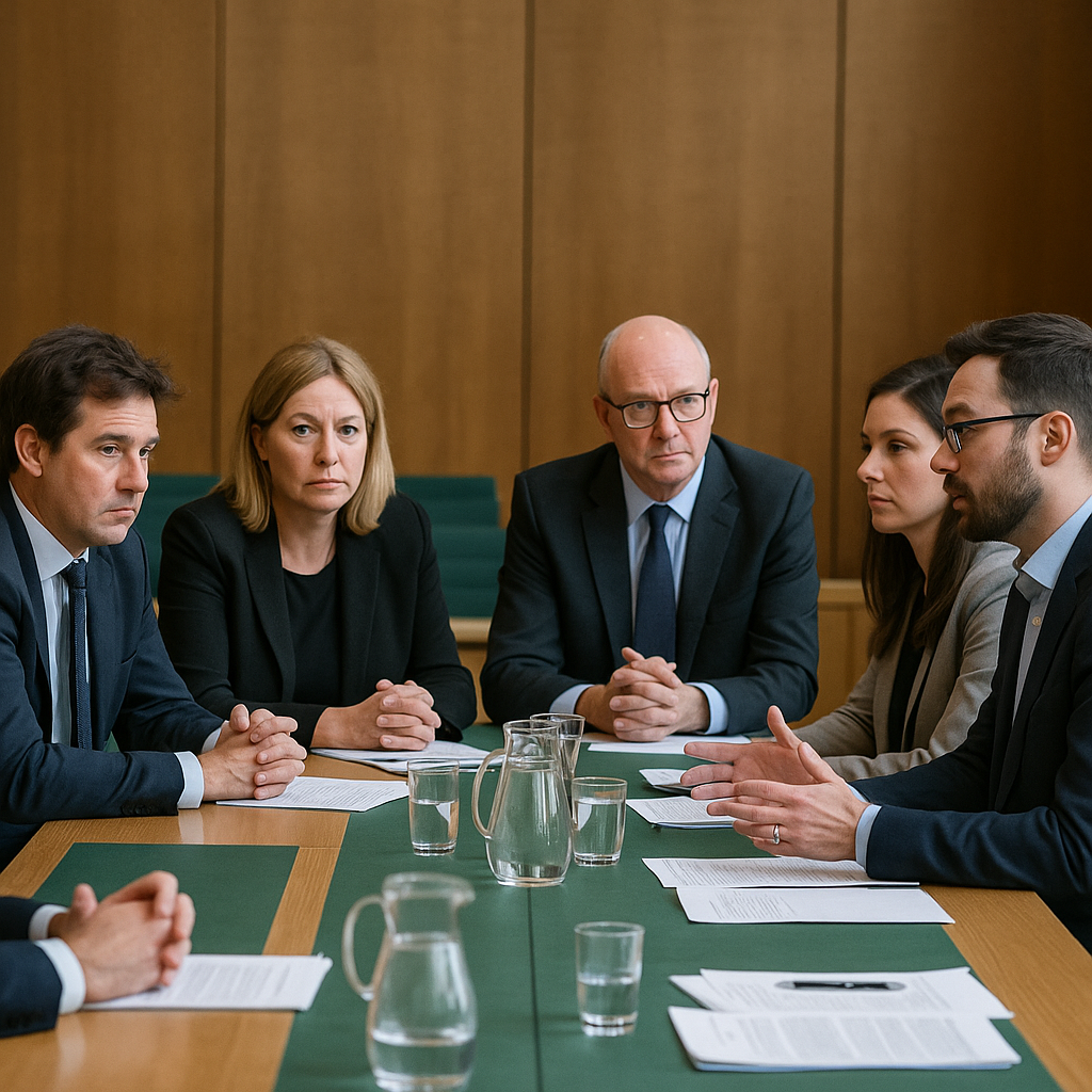 A parliamentary hearing setup, with MPs and technology experts at a panel discussion