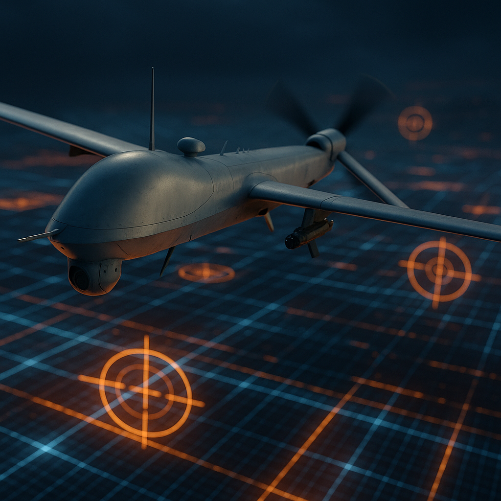 A conceptual image of an AI-powered military drone in flight over a battlefield