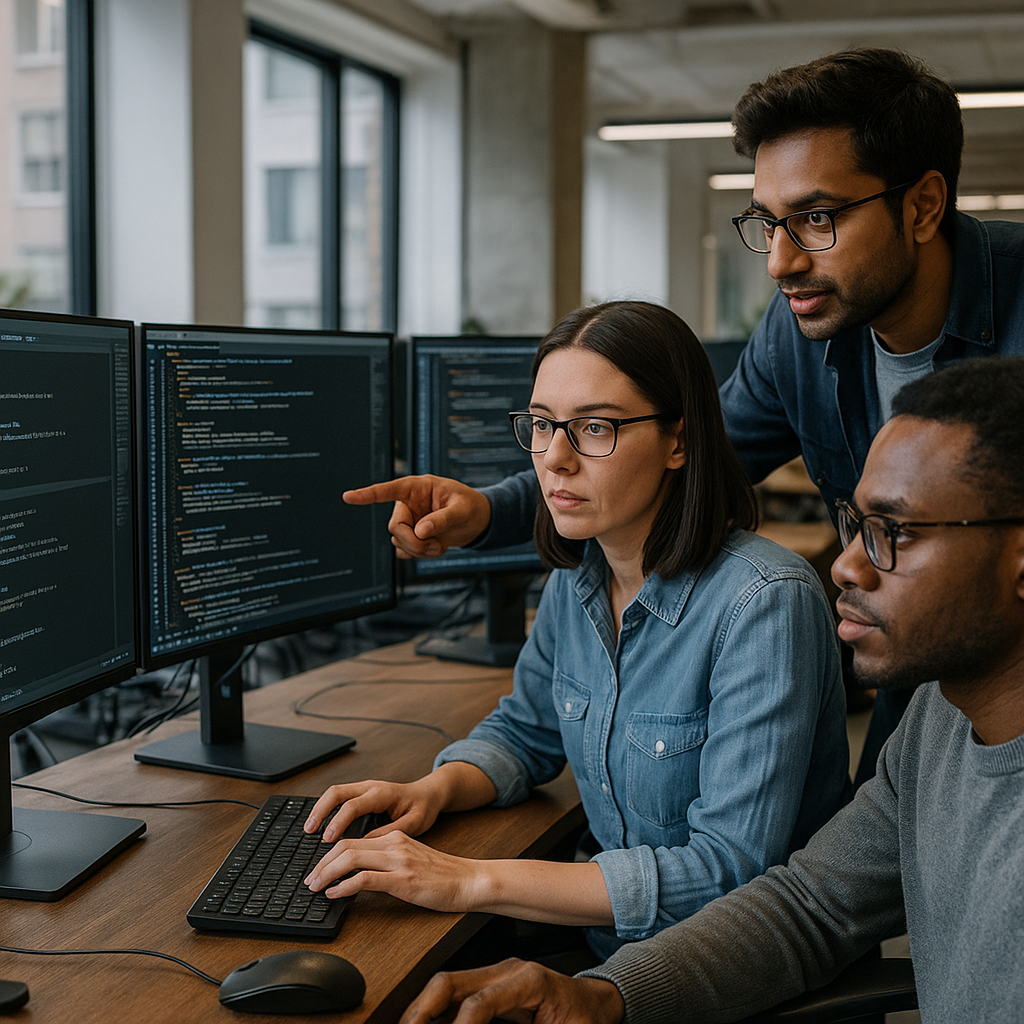 A group of engineers working on complex code in a sleek office space