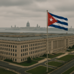 Cuban flag on a tall flagpole beside a large beige government building, with a domed capitol and distant skyline.