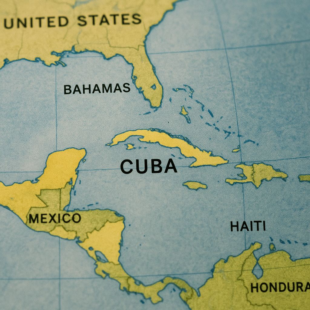 A map focusing on Cuba in the Caribbean region, highlighting geopolitical significance