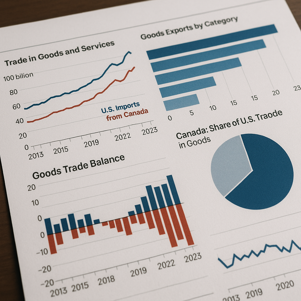 Economic data charts with U.S. and Canadian trade numbers highlighted