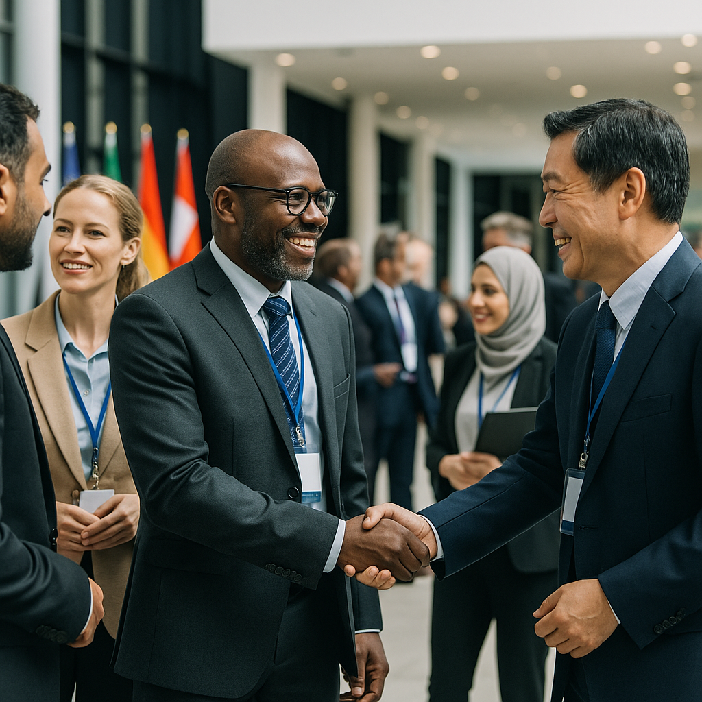 Canadian and Asian trade delegates shaking hands at a business forum
