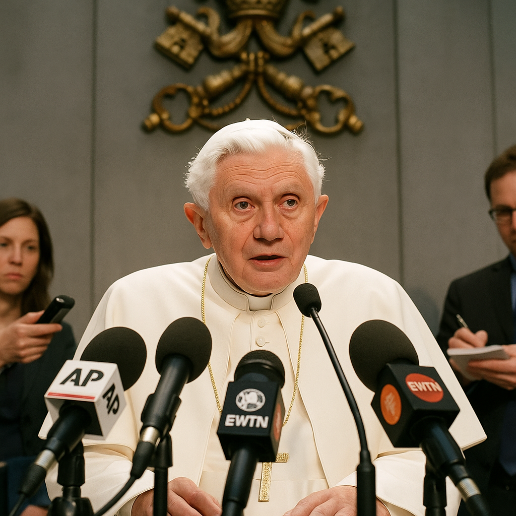A Vatican press conference with Pope Leo addressing reporters