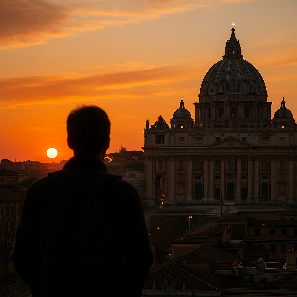 A symbolic Vatican City skyline with St. Peter's Basilica at dusk