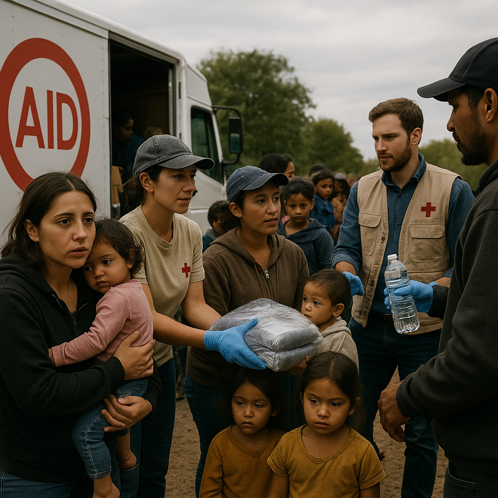A group of migrant families gathered near a humanitarian aid truck